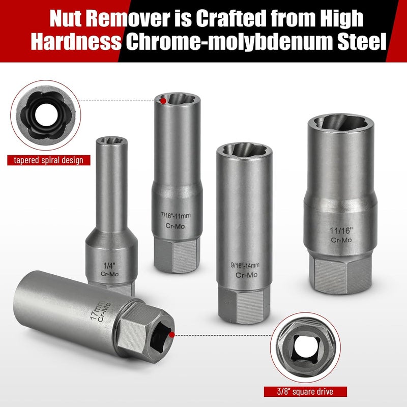 DUDDOO 11pcs Bolt Extractor Kit, Stripped Bolt Extractor Set, Deep Long Easy Out Set, Lug Nut Remover Socket Tool for Studs, Damaged, Frozen, Rusted, Rounded-Off Bolts, Nuts - Image 5